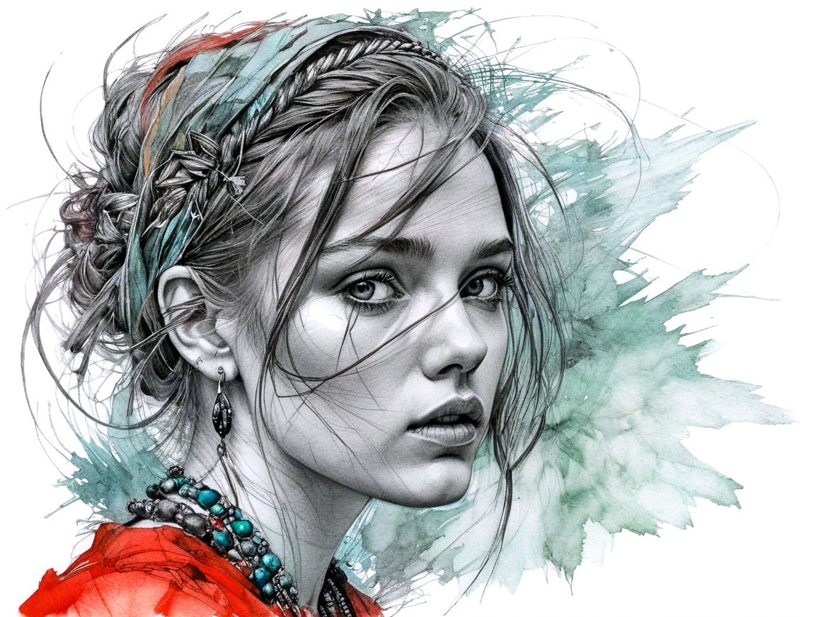 Portrait of a Young Woman with Braids and Jewelry
