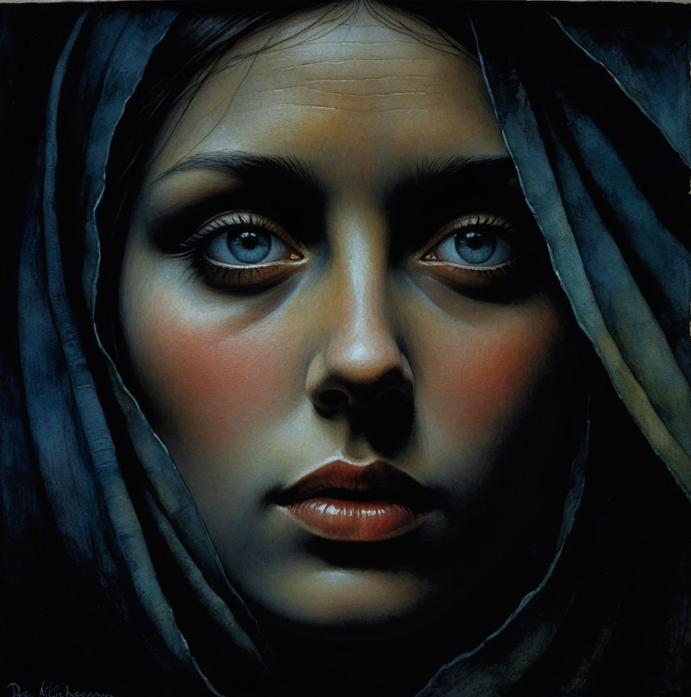 Portrait of a Young Woman with Blue Eyes and Headscarf