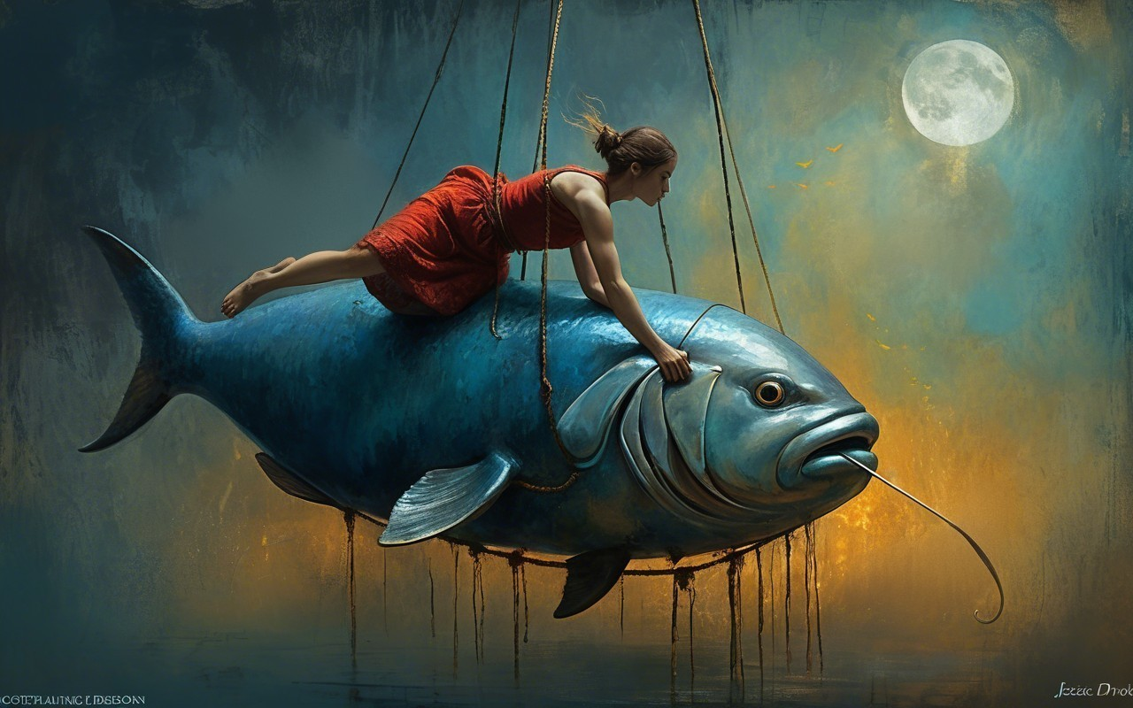 Woman in red dress on a blue fish in mid-air