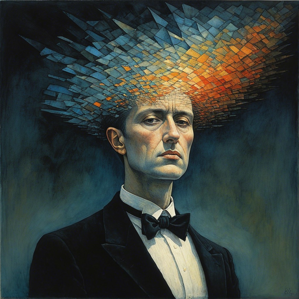 Portrait of a man in tuxedo with surreal hairstyle