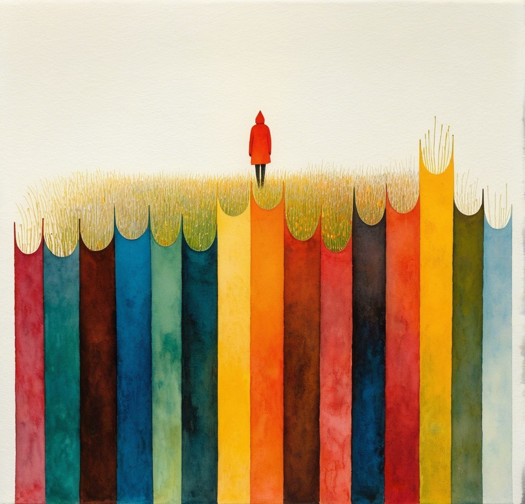 Solitary Figure in Bright Red Coat Amidst Colorful Landscape