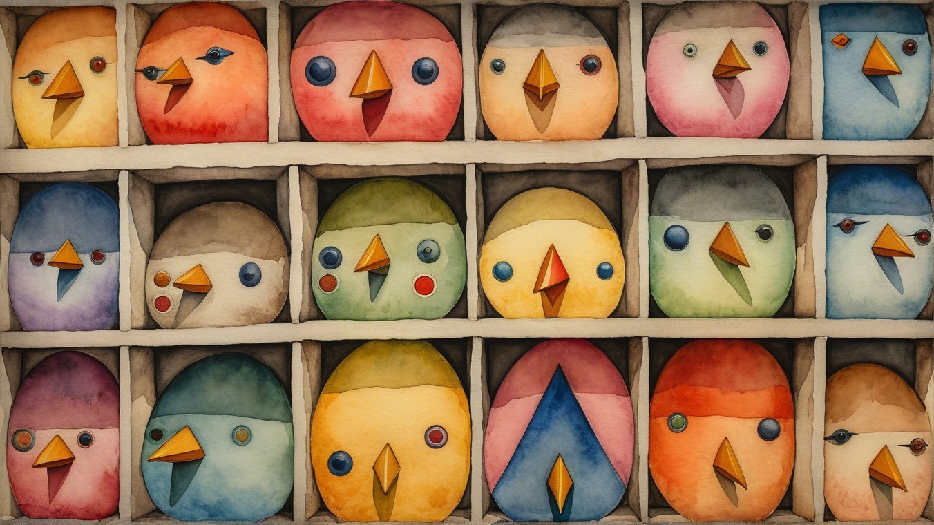 Colorful Stylized Birds with Distinct Faces in Grid