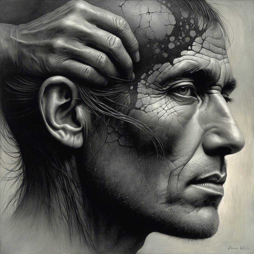 Close-up of a man's textured profile and emotions