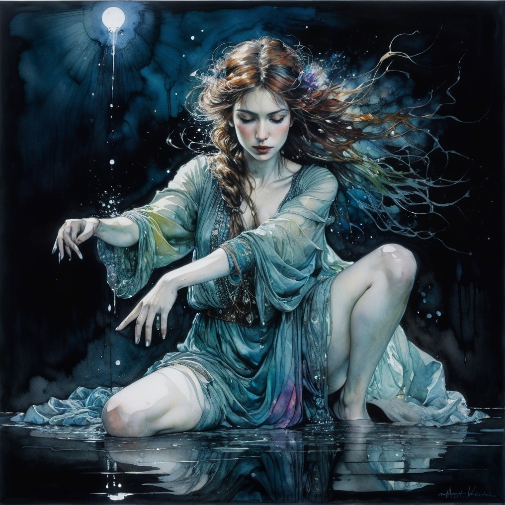 Mystical Woman by Water in Ethereal Gown at Night