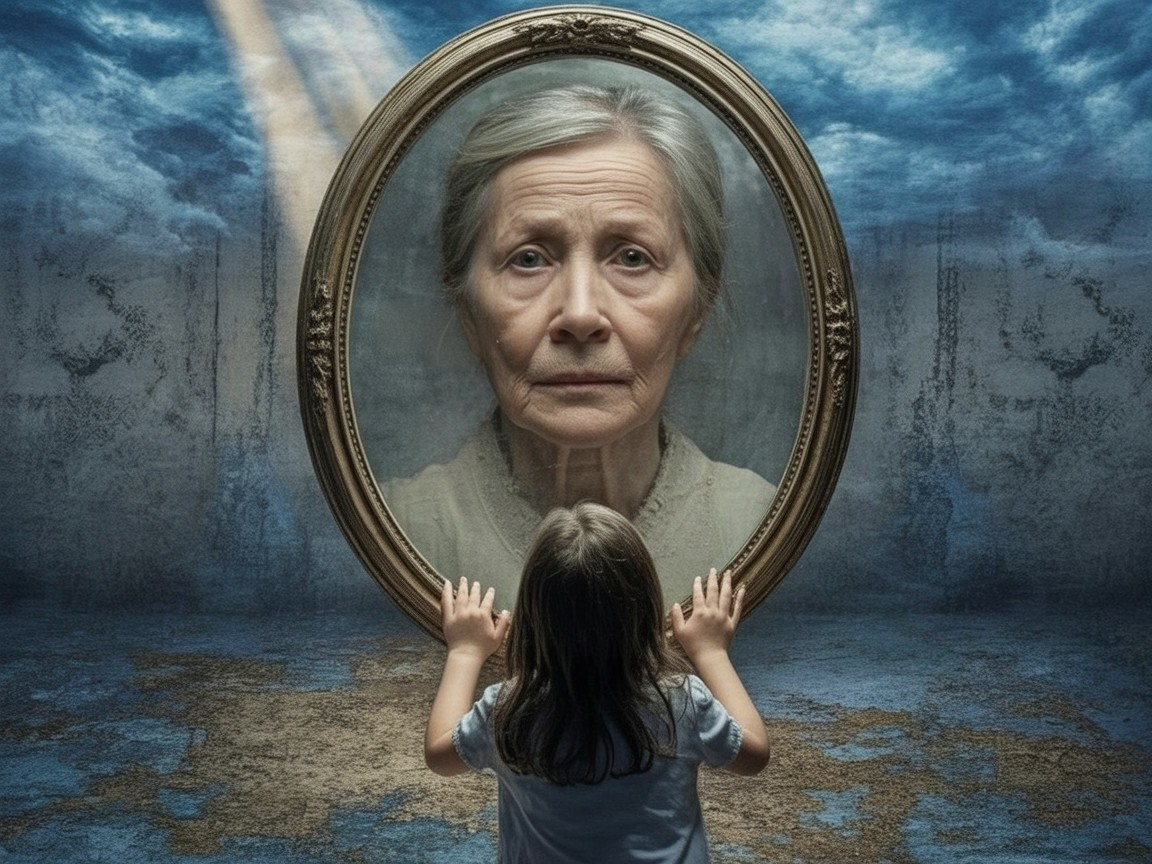 Young Girl and Elderly Woman in Surreal Reflection