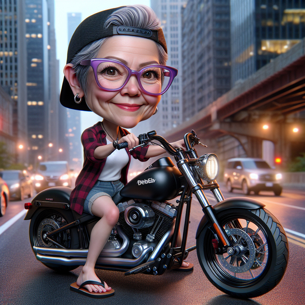 Whimsical Caricature of Woman on Motorcycle in City