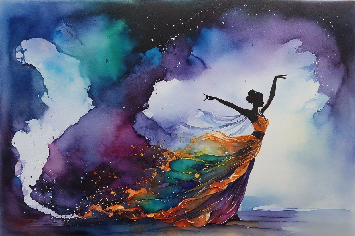 Vibrant Watercolor of a Silhouetted Dancer in Motion