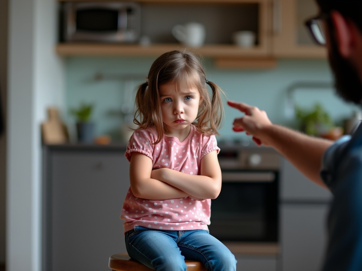 Young girl in kitchen with sad expression on stool