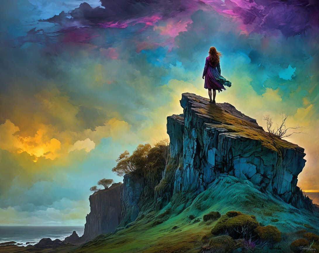 Solitary Figure Overlooking Vibrant Seascape and Cliffs