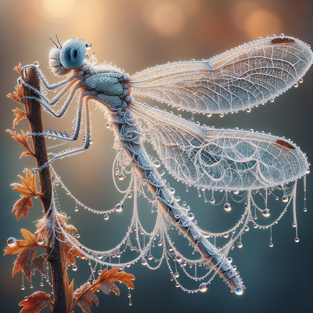 Close-Up of a Dragonfly with Dew on Wings