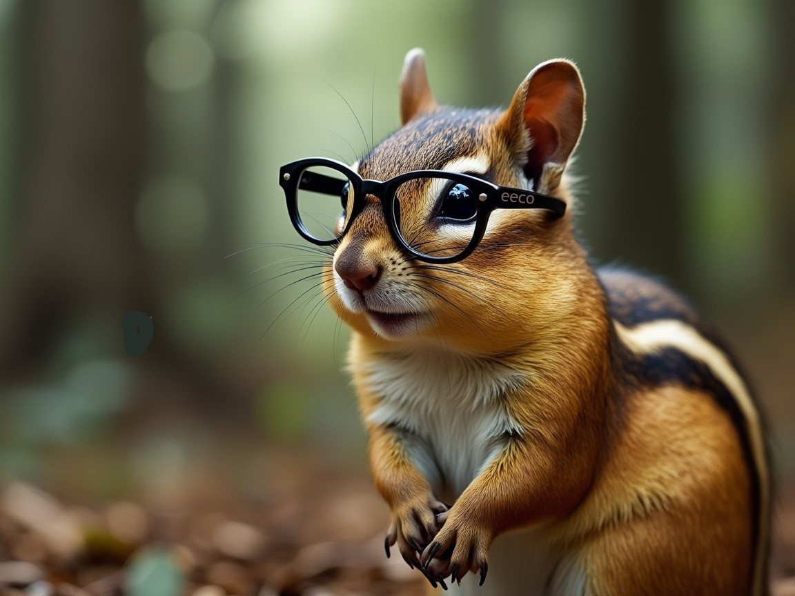 Chipmunk with Glasses in Leafy Forest Setting