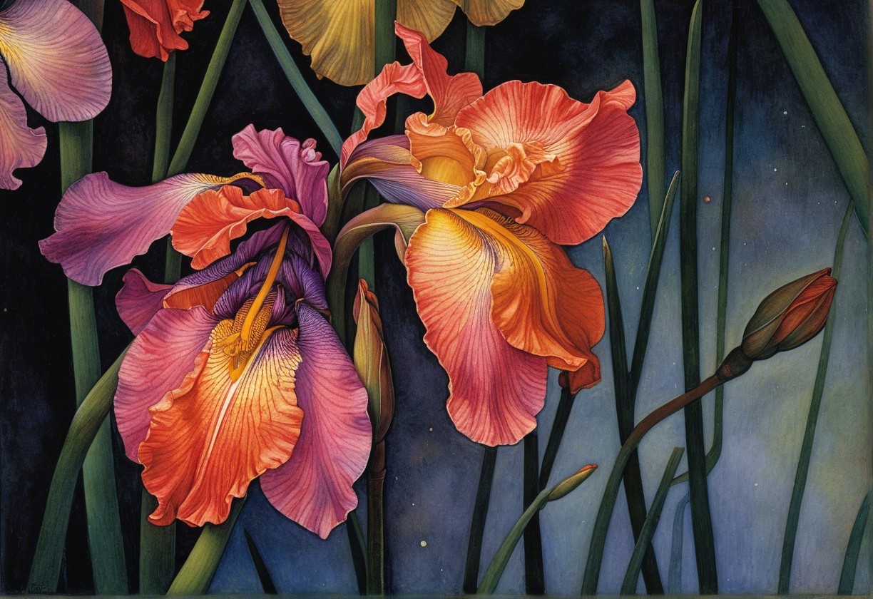 Vibrant Irises in Rich Hues Against Dark Background