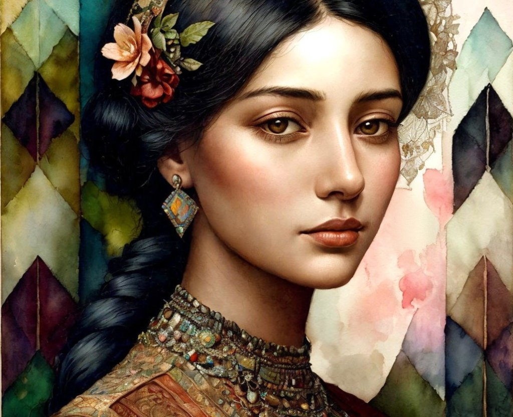 Young Woman in Colorful Attire with Geometric Background