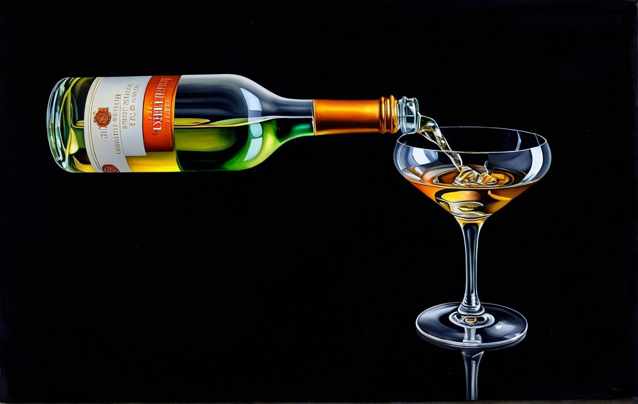 White wine pouring into an elegant glass on black background