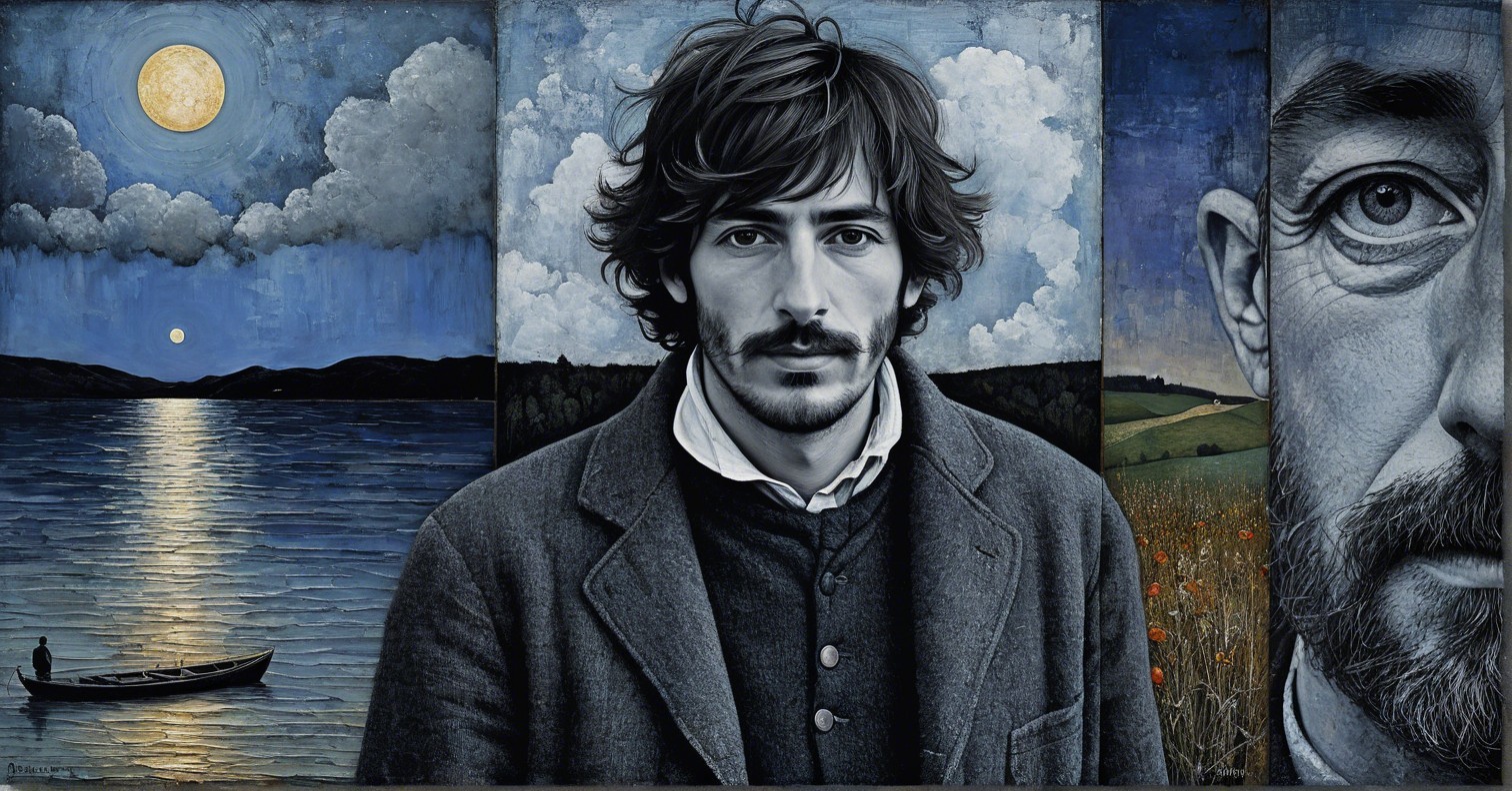 Detailed Painting of Landscape, Moon, and Man's Portrait