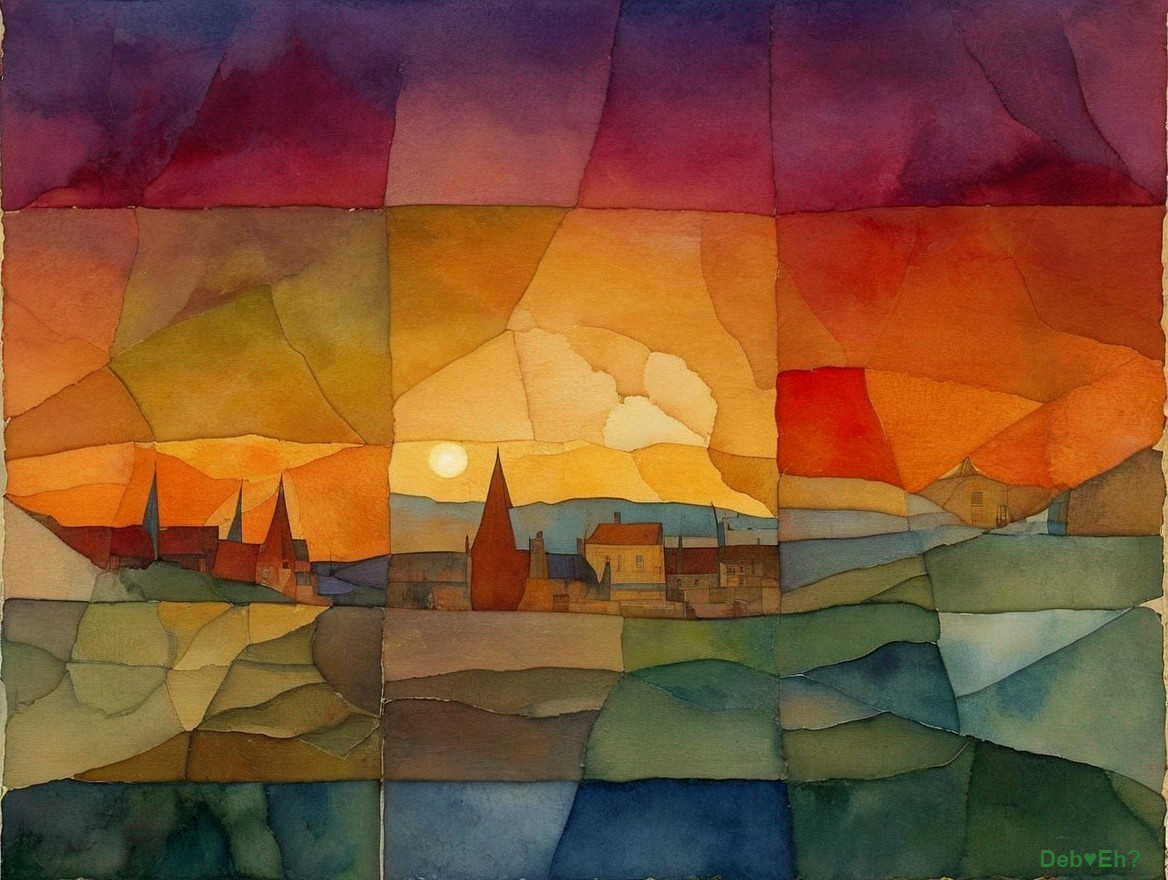 Vibrant Watercolor Landscape of Sunset Over Hills