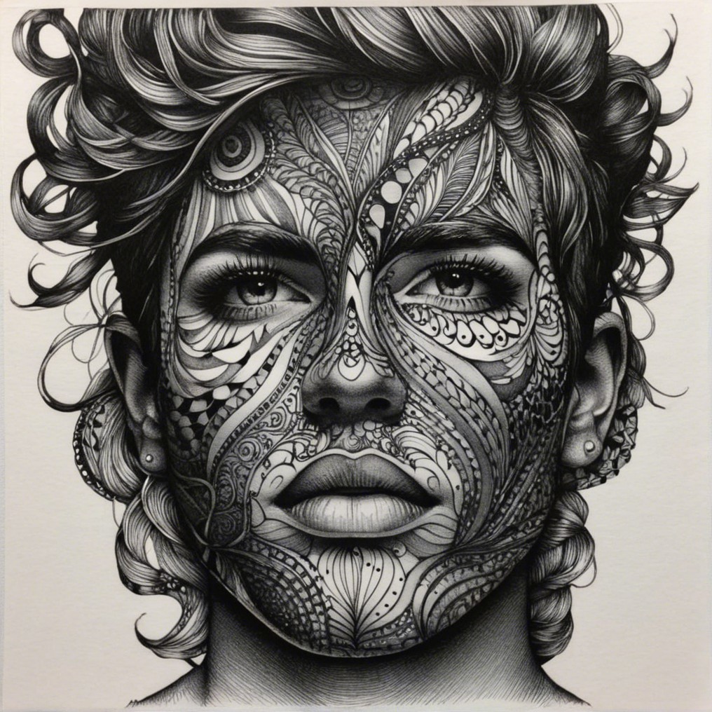 Black-and-White Portrait with Intricate Patterns