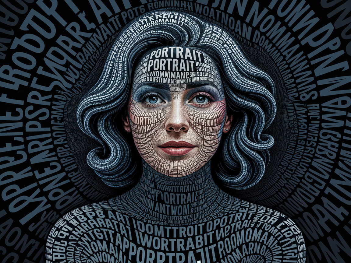 Portrait of a woman made of swirling typography patterns