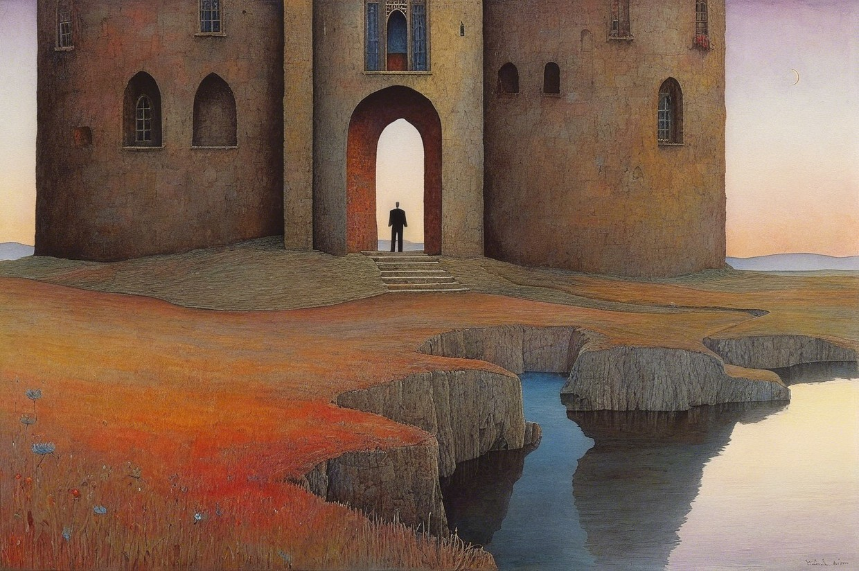 Solitary Figure at Grand Castle Entrance at Twilight