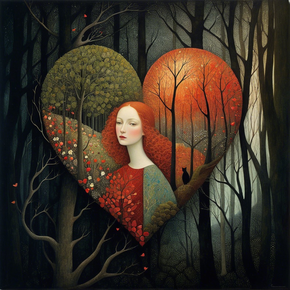Whimsical illustration of a woman in heart frame