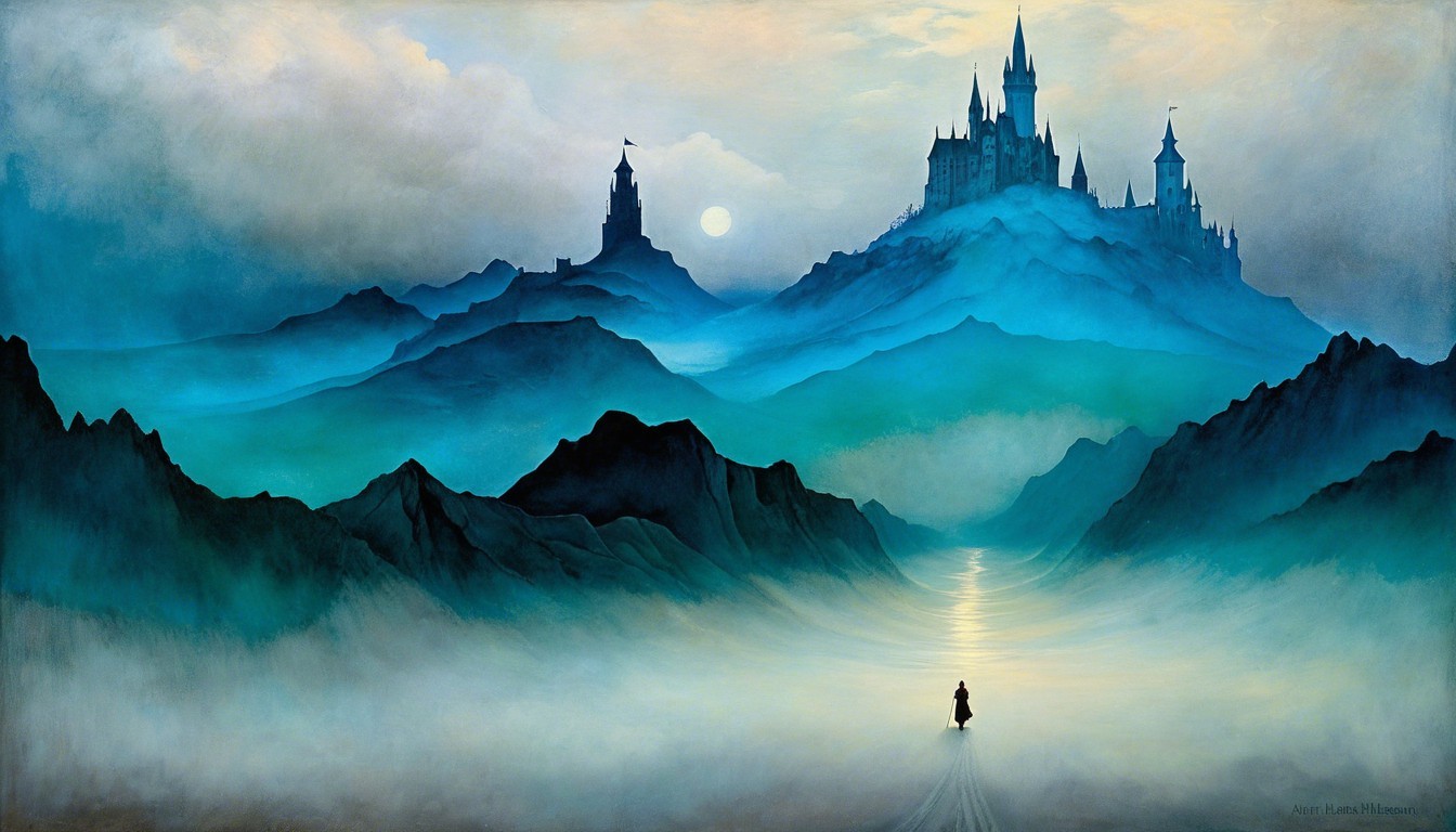 Serene Ethereal Landscape with Misty Mountains and Castle