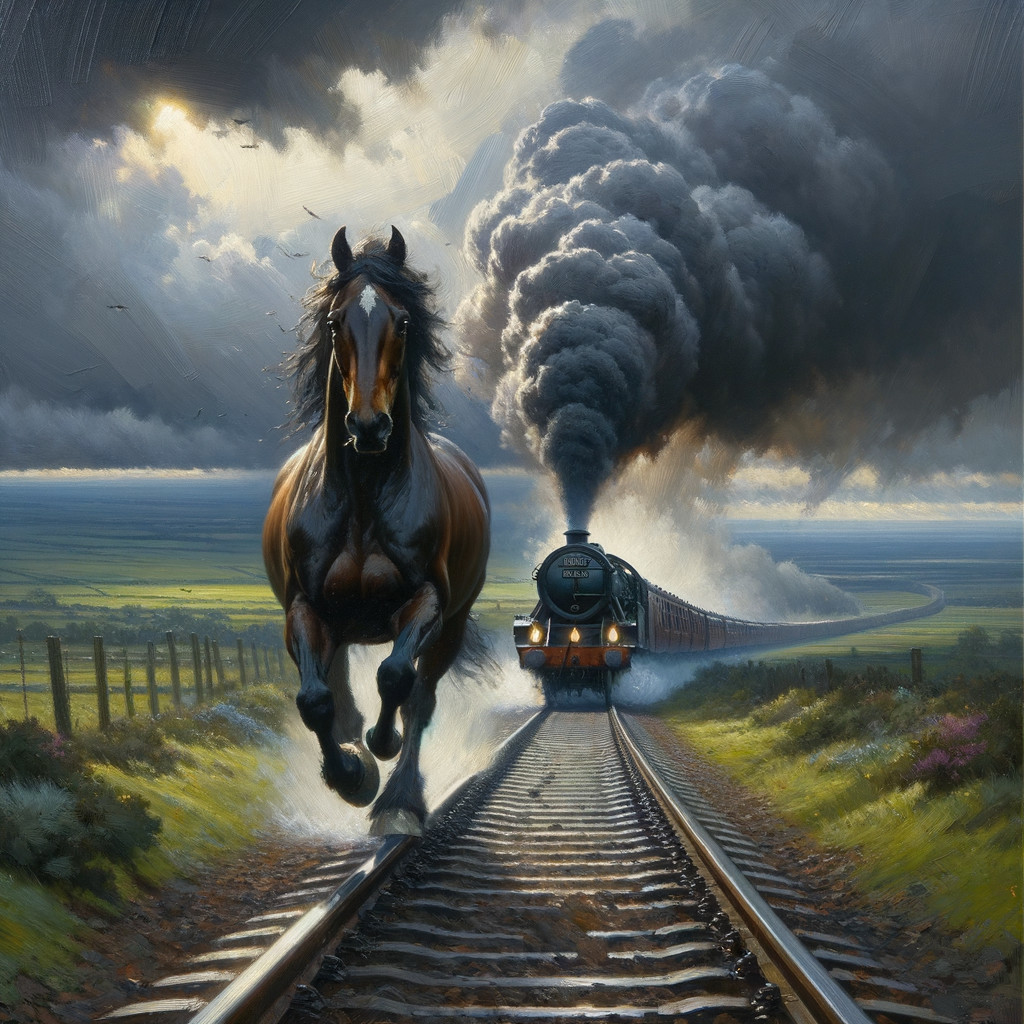Dramatic Oil Painting of Horse and Steam Train Scene