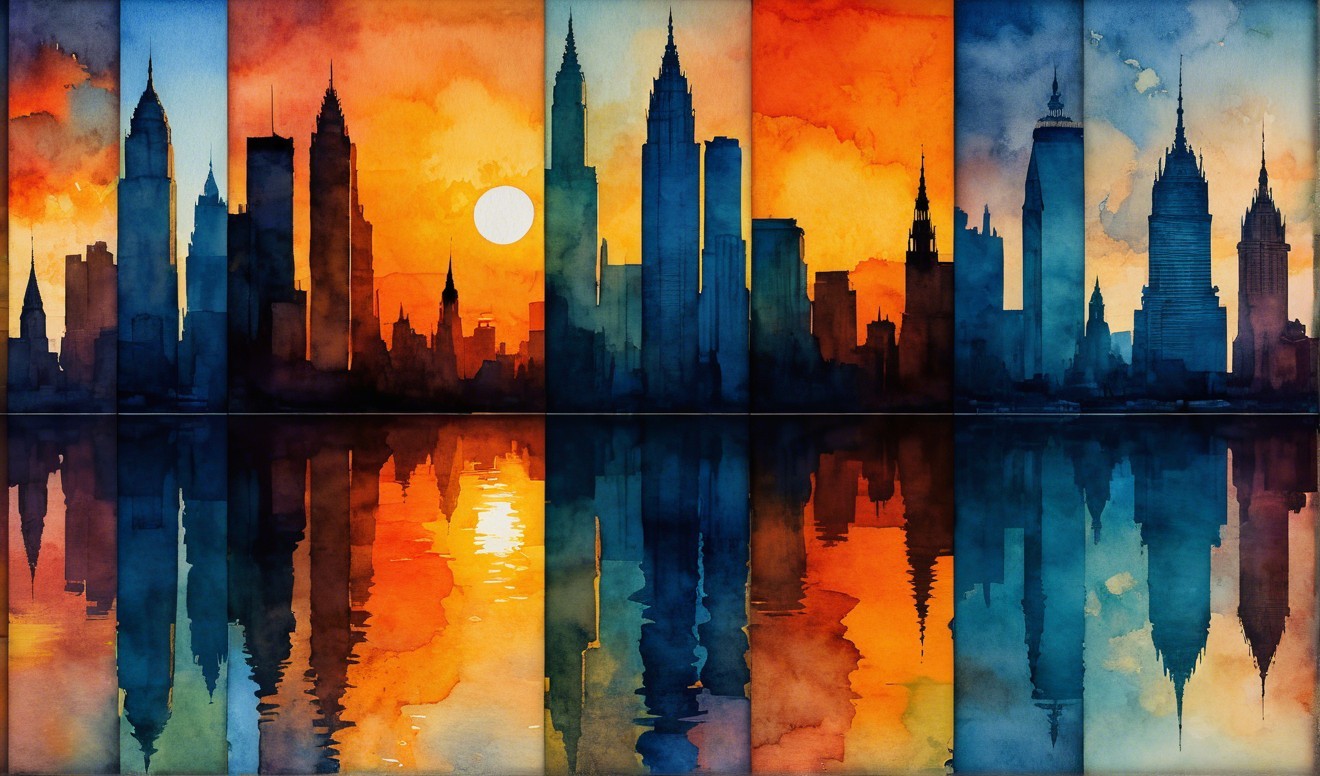 Watercolor Skyline of City at Sunset with Reflections