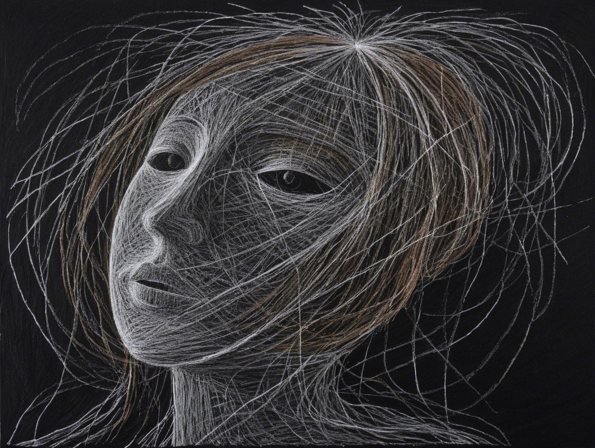 Stylized portrait of a contemplative woman in flowing lines