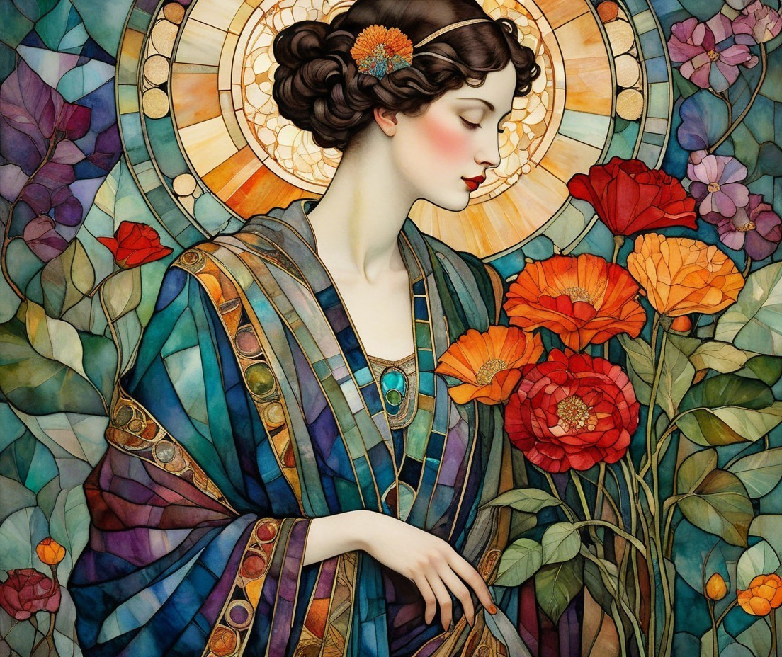 Elegant woman in robe among vibrant blossoms