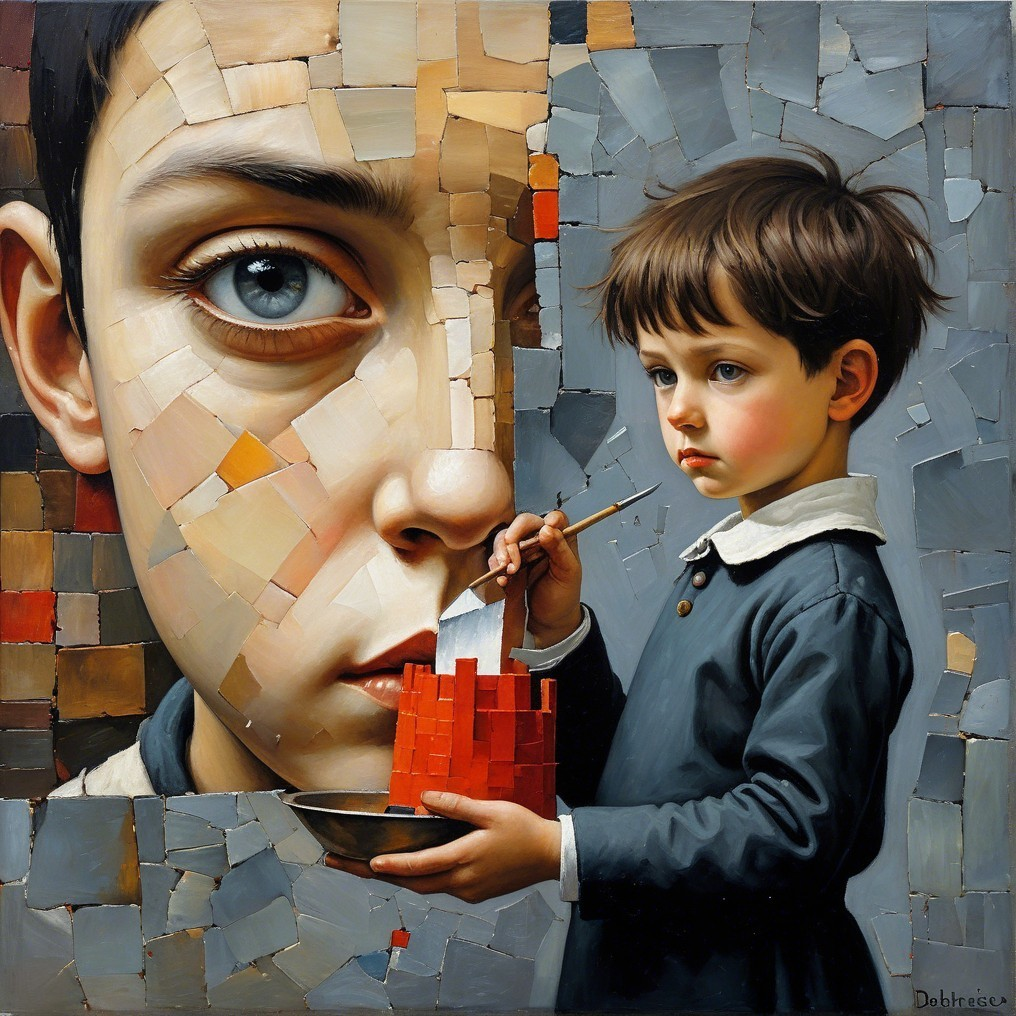 Fragmented Artwork of Boy with Blue Eyes and Faces