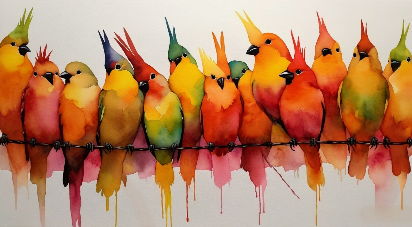 Watercolor Birds on a Wire in Vibrant Colors