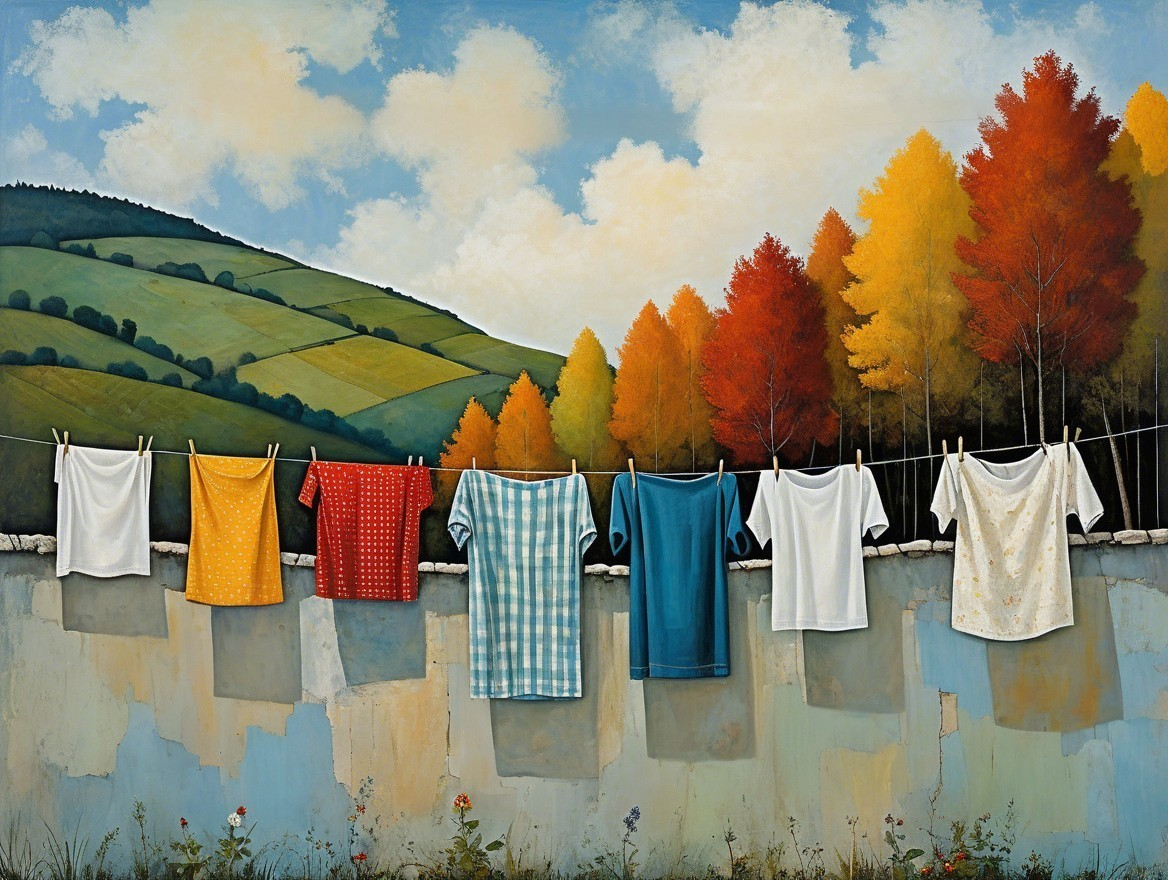 Colorful Shirts on a Clothesline in a Scenic Landscape