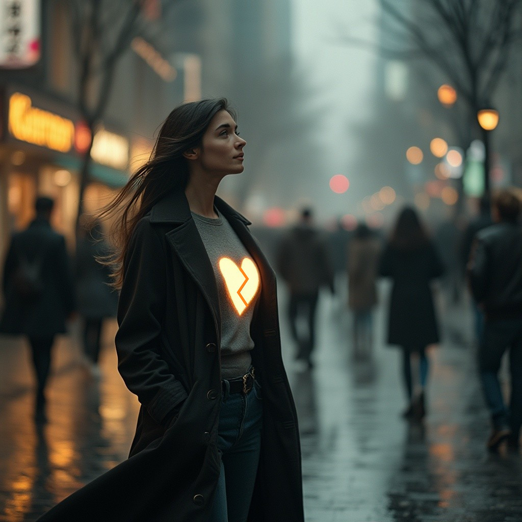 Woman in Dark Coat on Rainy City Street