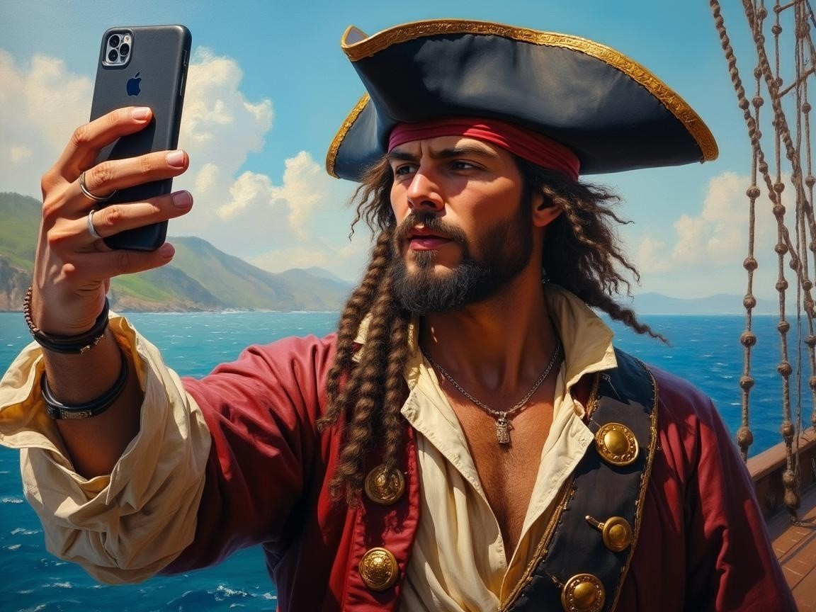 Rugged pirate on ship with modern smartphone selfie