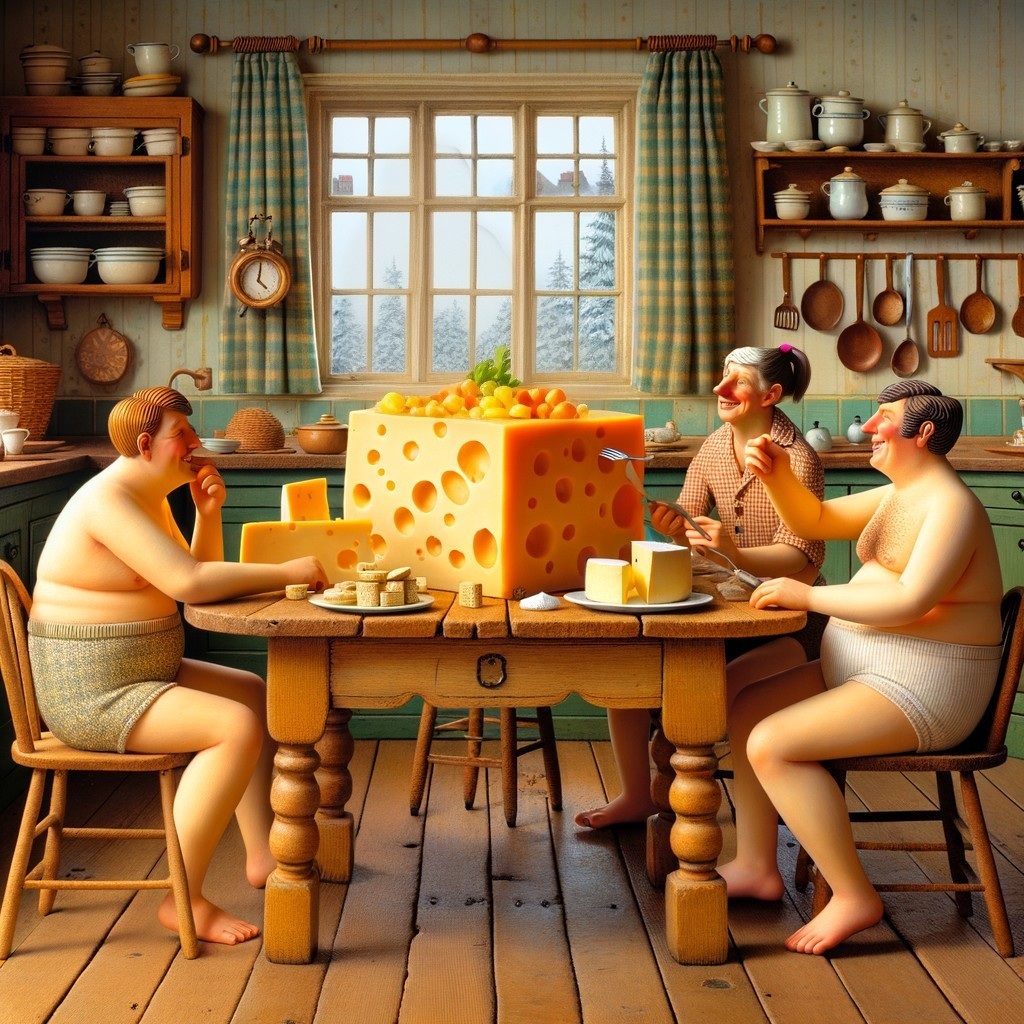 Cheerful Characters Enjoy Feast in Cozy Kitchen