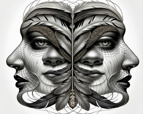 Symmetrical Black and White Artwork with Nature Elements