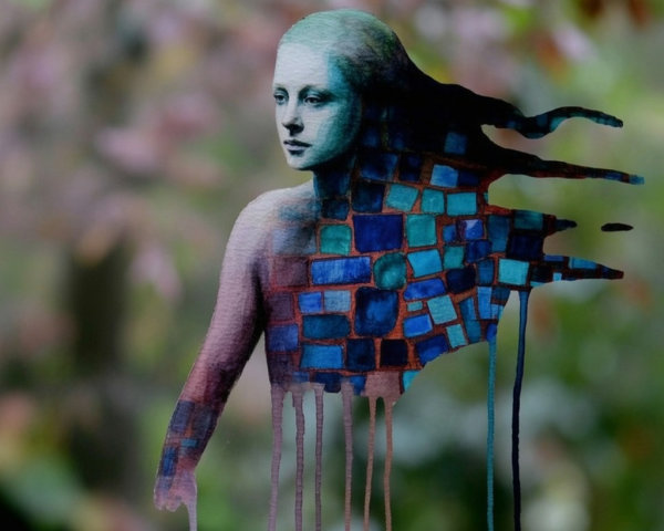 Surreal Artwork of Female Figure in Mosaic Pattern