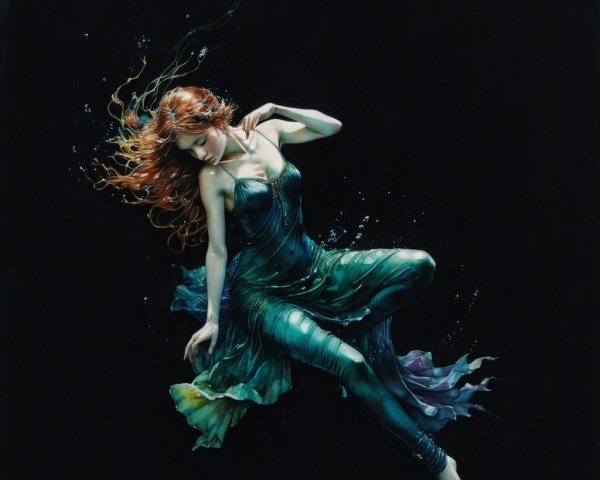 Elegant figure swimming in dark waters with gown