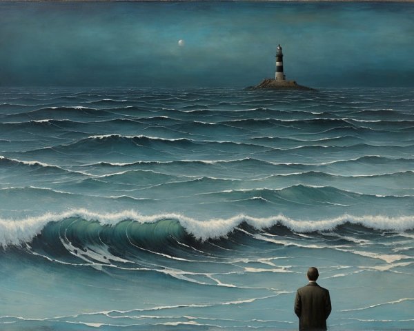 Solitary Figure on Shore with Lighthouse at Twilight