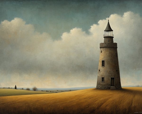 Lighthouse on Golden Field Under Overcast Sky