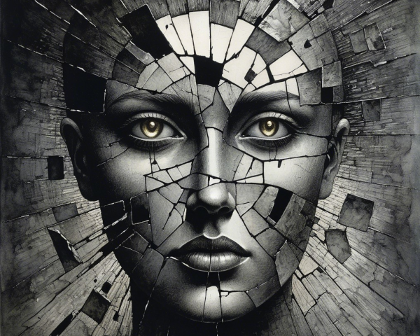 Fragmented Monochrome Portrait with Intense Eyes