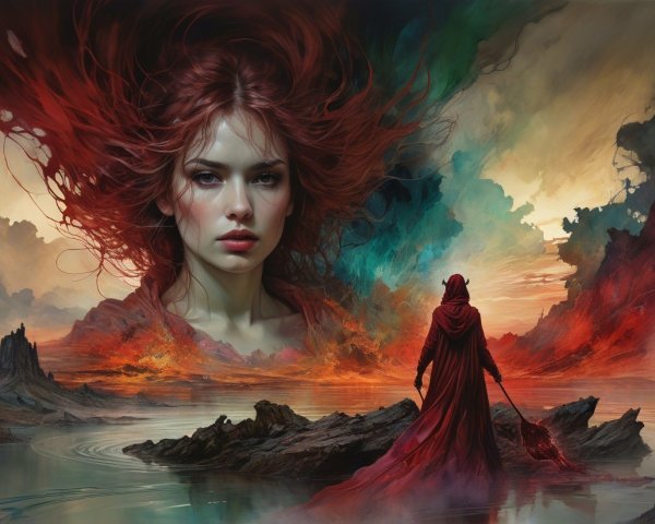 Surreal Fantasy Scene with Red-haired Woman and Dark Figure