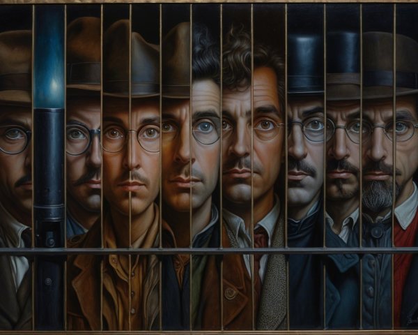 Group of Eight Men Behind Prison Bars in Historical Attire