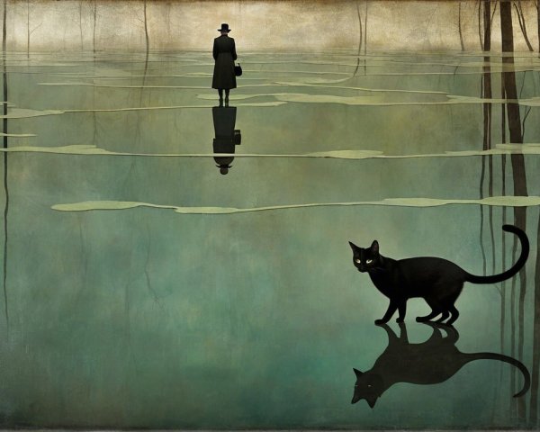 Solitary Figure on Misty Lake with Black Cat