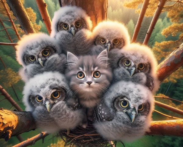 Fluffy Kitten with Owl Chicks in a Tree Nest