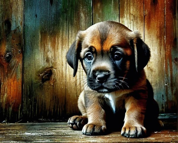 Adorable Brown and Black Puppy on Wooden Surface