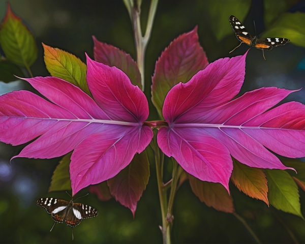 Vibrant Pink Leaves with Butterflies in Garden Setting