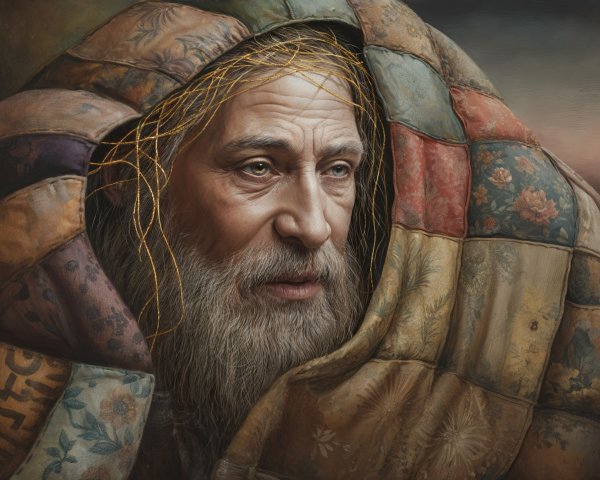 Elderly Man Wrapped in Richly Patterned Blanket