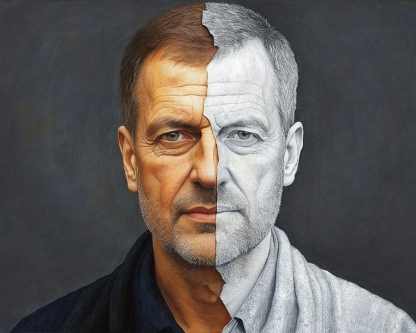 Split Portrait of a Man: Colorful and Monochrome Styles