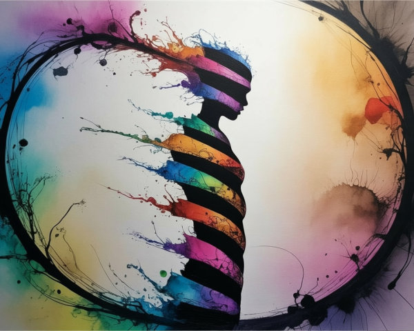 Watercolor Digital Artwork of Female Profile with Stripes